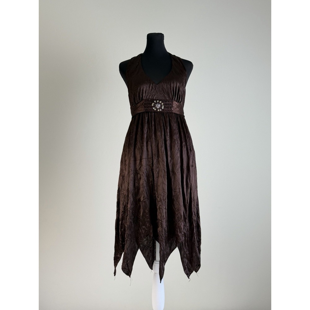 Vtg City Triangles Brown Handkerchief Hem Halter Dress Beaded Belt Fairy Y2K L